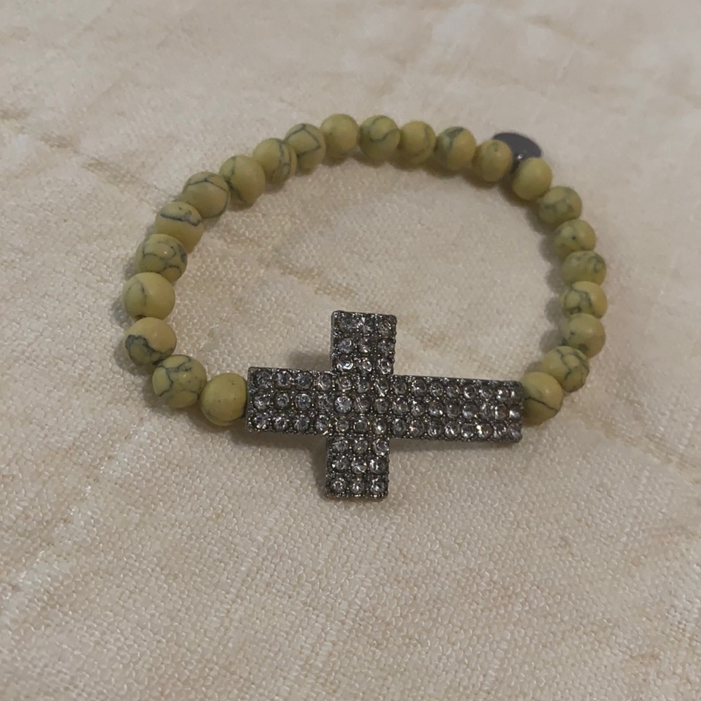 Yellow Beaded & Rhinestone Cross Bracelet